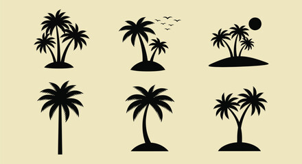Black Silhouette Palm Trees Set, Tropical Island Icons