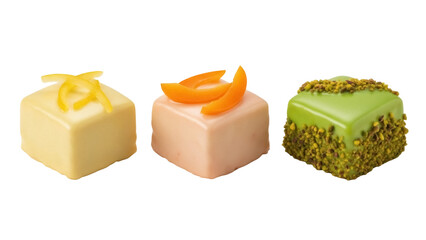 Isolated petit fours with citrus and pistachio decorations, delicious treats, food