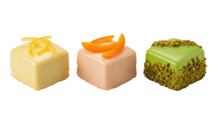 Isolated petit fours with citrus and pistachio decorations, delicious treats, food