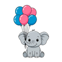 Naklejka premium Cute cartoon elephant holding a bunch of blue and pink balloons