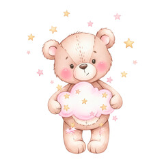 Fototapeta premium Cute teddy bear holding a pink cloud with stars, watercolor illustration for children