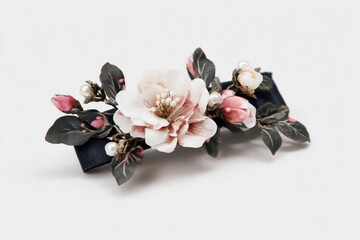 Elegant Floral Hair Clip with Pink Roses and Dark Green Leaves Accessories