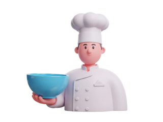 Isolated cartoon chef character holding a blue mixing bowl, 3d render culinary professional