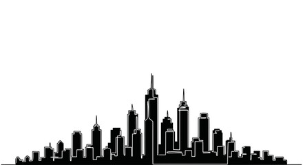 A silhouette of a modern city skyline against a white background.