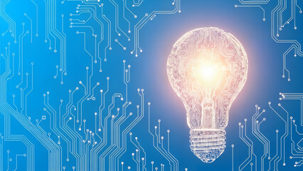 Digital innovation concept with glowing light bulb formed by circuit board traces