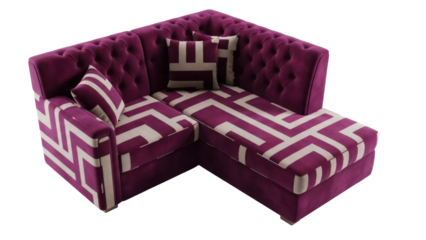 Isolated fashionable purple and white sofa with pillows for modern interior design