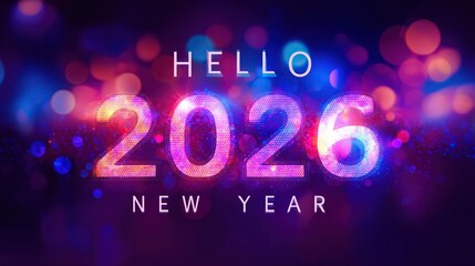 Obraz premium A digital illustration featuring the glowing text Hello 2026 New Year against an abstract background with bokeh lights