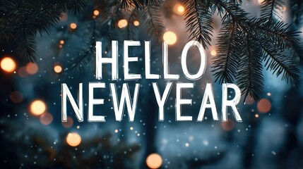 A text Hello New Year written in white surrounded by glowing lights and pine branches on a snowy bokeh background