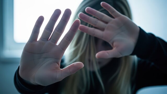 harassment, domestic violence Young woman holding hands up in defensive gesture against violence or harassment