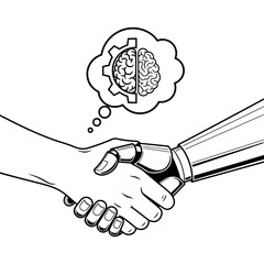 Human and Robot Handshake with Brain Gear Icon - AI Collaboration Concept