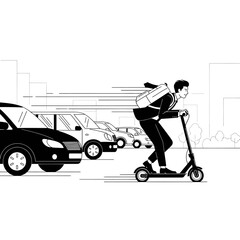 Businessman on Electric Scooter Passing Traffic Jam - Urban Mobility Vector