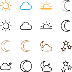 Weather and Night Sky Line Icons Set, Sun Moon Cloud Stars Minimal Illustration