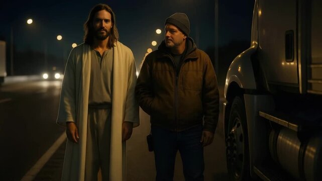 Jesus Christ walking and talking with a truck driver on a highway at night. A modern spiritual encounter representing faith and guidance