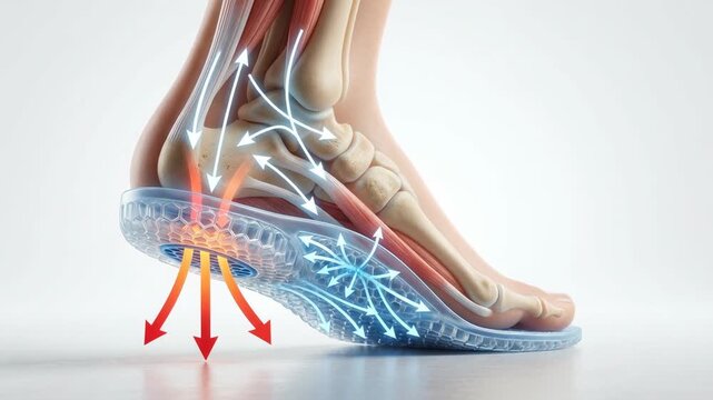 A detailed, photorealistic illustration of a foot showcasing the innovative design and internal workings of a supportive shoe insole, highlighting pressure points, and pathways.