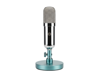 Isolated turquoise studio microphone on a table perfect for recording podcasts and vocals