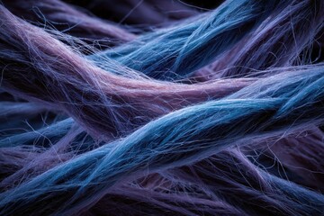 Close-up of vibrant purple and blue fibers intertwined in a complex textile pattern