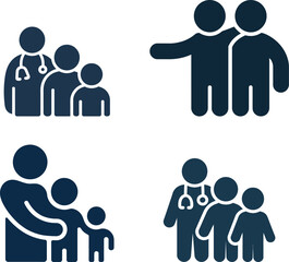 Minimalist icon set representing family units, patient groups, and healthcare provider relationships