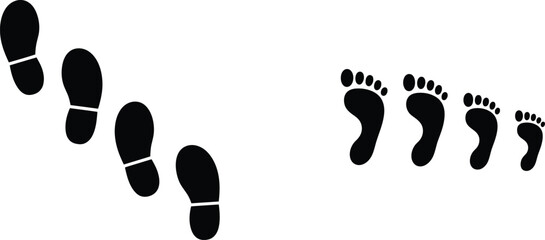 A visual comparison of black shoe prints versus bare footprints against a stark white background