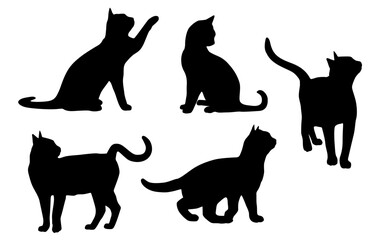 Five cats in different poses, sitting, standing and walking, vector silhouettes, black color, isolated on white background