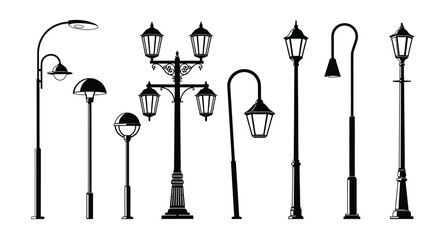 Various Street Lamp Post Designs and Styles in Black Silhouette