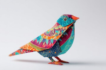 Colorful Origami Bird with Vibrant Patterns and Designs on White Background Standing Upright