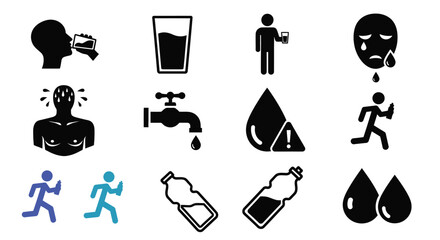 Icons depict drinking water, dehydration, and running.