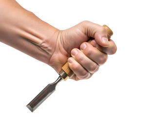Fototapeta premium A person s hand gripping a sharp wood chisel with a wooden handle isolated on transparent background