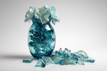 Broken Glass Vase with White Flowers on White Background, Shattered Teal Pieces Scattered