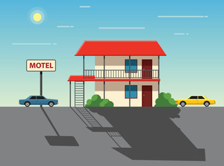 Motel roadside scene with building, sign and Two cars are parked outside