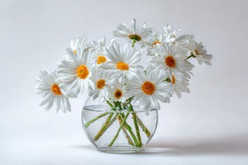 Fresh White Daisies in Clear Glass Vase on Simple White Background with Yellow Centers