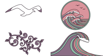 Colorful Ocean Waves and Seagull Illustrations with Floral Accents