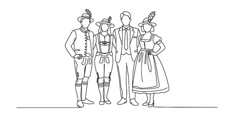 Obraz premium Group of four people in traditional bavarian or oktoberfest clothing line art