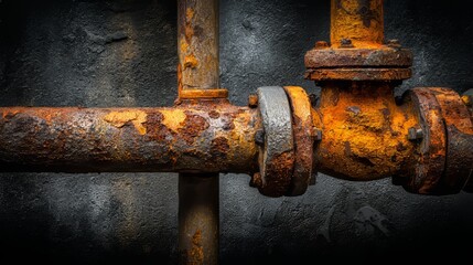 Close-up of corroded, aged metal pipes with flange joints against a textured dark background. Showing signs of decay