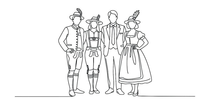 Group of four people in traditional bavarian or oktoberfest clothing line art