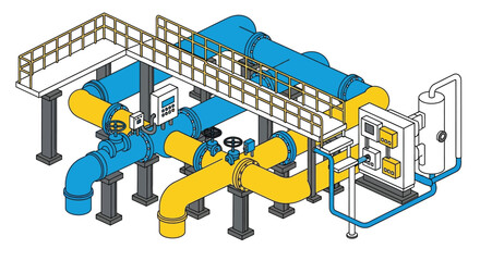 Industrial Pipe System with Control Panel and Elevated Walkway