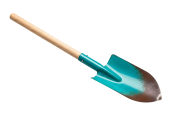 A small turquoise gardening shovel with a wooden handle isolated on transparent background