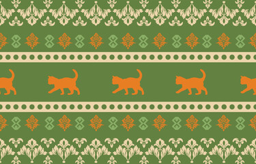 Vector seamless pattern with cat silhouettes and tribal geometric motifs. Monochrome design. Use this pattern for creating pet themed designs, textile prints, packaging, and more. Perfect for cat love