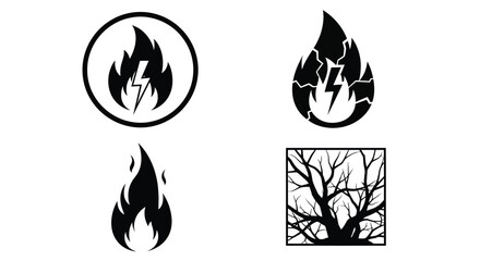 Fire and Lightning Logos with Tree Silhouette Vector Graphics