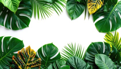 Lush tropical foliage border on white background, space for text