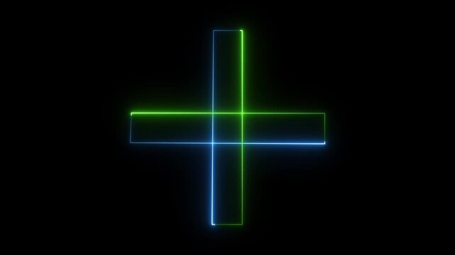 Animated abstract neon plus sign formed by interlocking green and blue lines on a black background looping animation