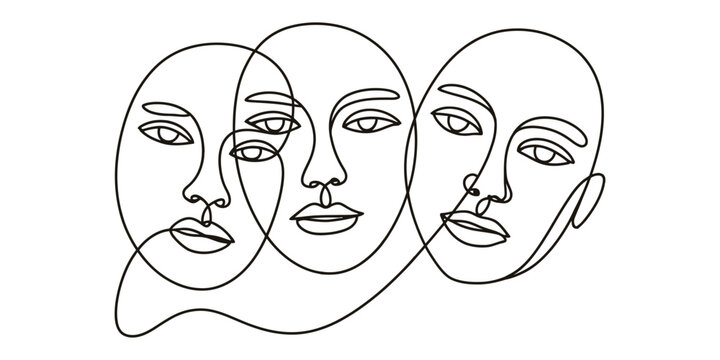 Abstract continuous line art of three overlapping female faces