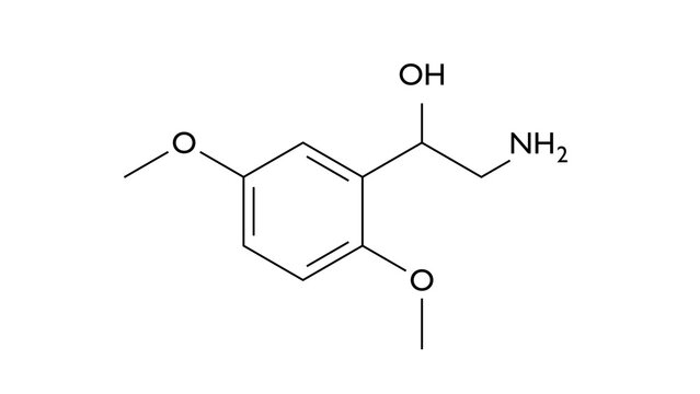 desglymidodrine molecule, structural chemical formula, ball-and-stick model, isolated image active metabolite