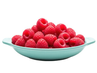 Isolated raspberries in light-blue serving dish, ripe fresh berry fruit ready for breakfast snack