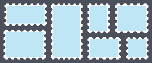 Blue postage stamps set. Post stamp frames and borders. Rectangle, square template for mail, postcard, letter, note.