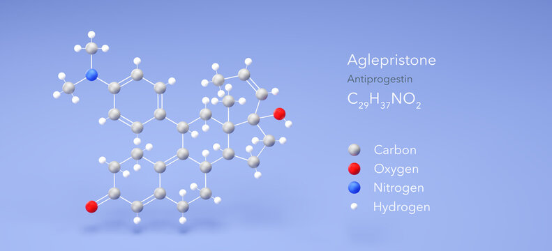 aglepristone molecule, molecular structure, antiprogestin 3d model, Structural Chemical Formula and Atoms with Color Coding