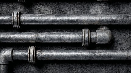 Close-up of metallic pipes connected by rings and an elbow, arranged horizontally against a rough surface