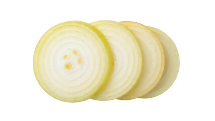Isolated onion slices overlapping, close-up vegetable ingredient on its side, food photography