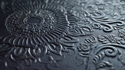 Close-up of intricately patterned, textured surface. Floral and circular designs dominate the embossed detail, with a dark, muted palette