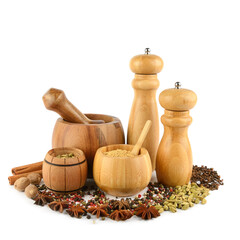 Culinary Concept: Wooden Mortar, Pestle, and Grinders with Aromatic Spices