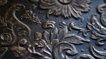 Close-up of ornate, textured floral pattern with metallic silver relief on a dark background